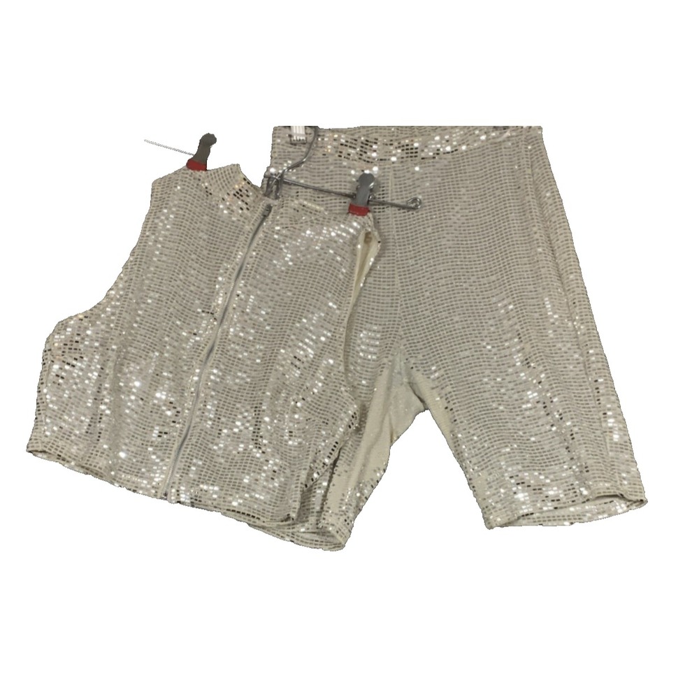 Mad Rag Sequin Crop Top Tank Shirt Shorts Set Sz M Silver Party Club Dance